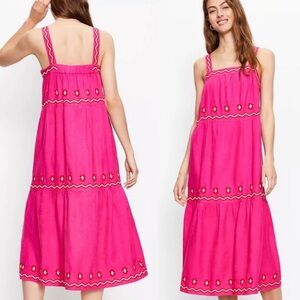 Ann Taylor LOFT Women’s Pink Embroidered Square Neck Boho Midi Dress Size Large